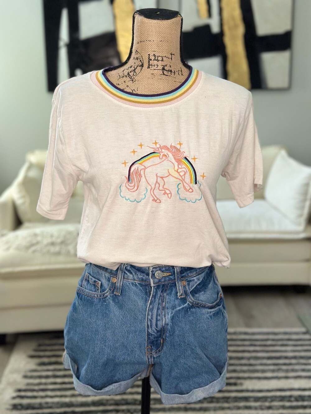Octeyam Unicorn Graphic Ringer T-Shirt with Rainbow Trim